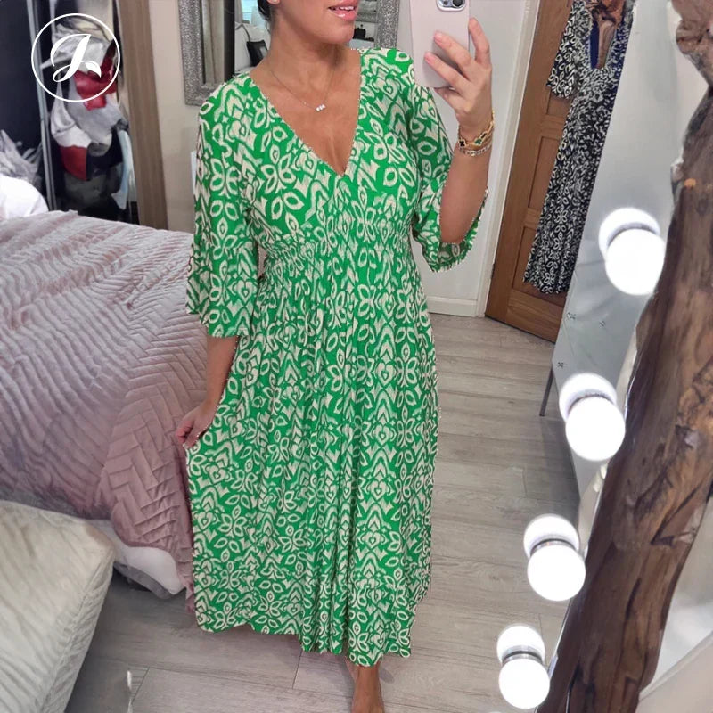 💖LAST DAY SALE 50% OFF💖Bohemian casual print V-neck waist wrap long dress