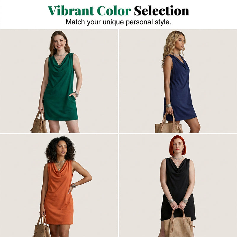 🎁2026 New Arrivals 50% OFF💥Elegant Slim Fit Cowl Neck Dress – Sleeveless, Side Pockets, Versatile ✨