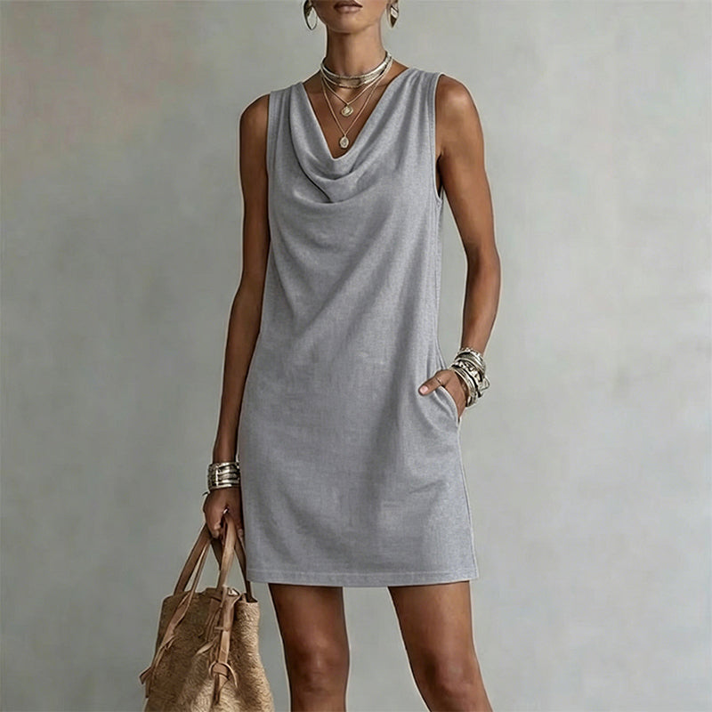 🎁2026 New Arrivals 50% OFF💥Elegant Slim Fit Cowl Neck Dress – Sleeveless, Side Pockets, Versatile ✨